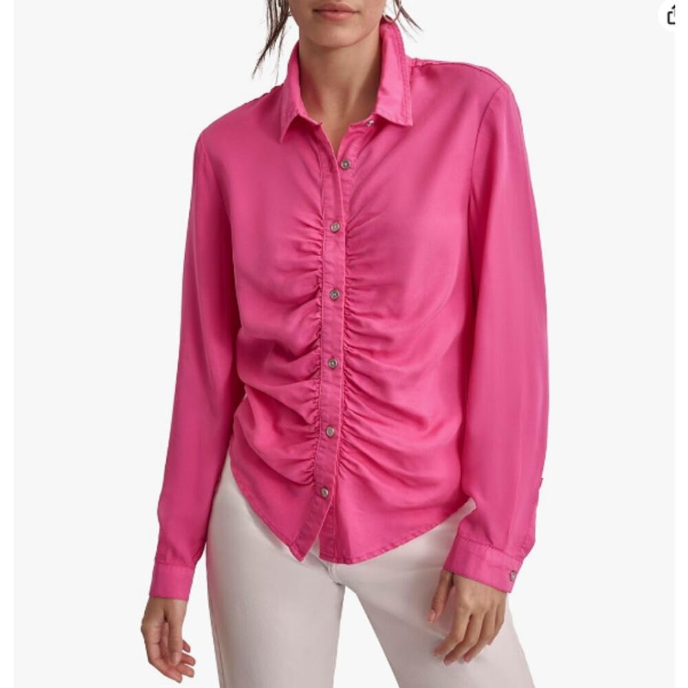 DKNY Jeans Women's Everyday Long Sleeve Button Down Ruched Top Pink Small